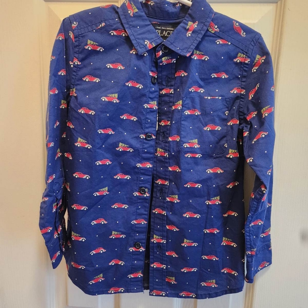 Christmas tree with Red car 4T long sleeve button-down dress shirt